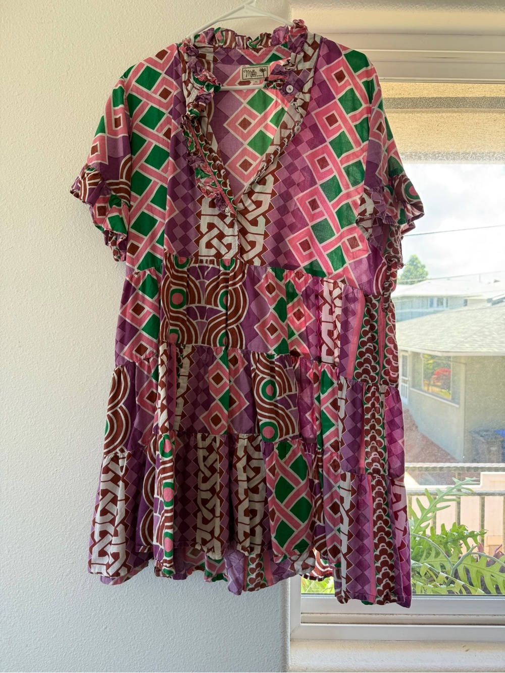 Mille Boho Patchwork Print Tiered Dress in Purple & Green